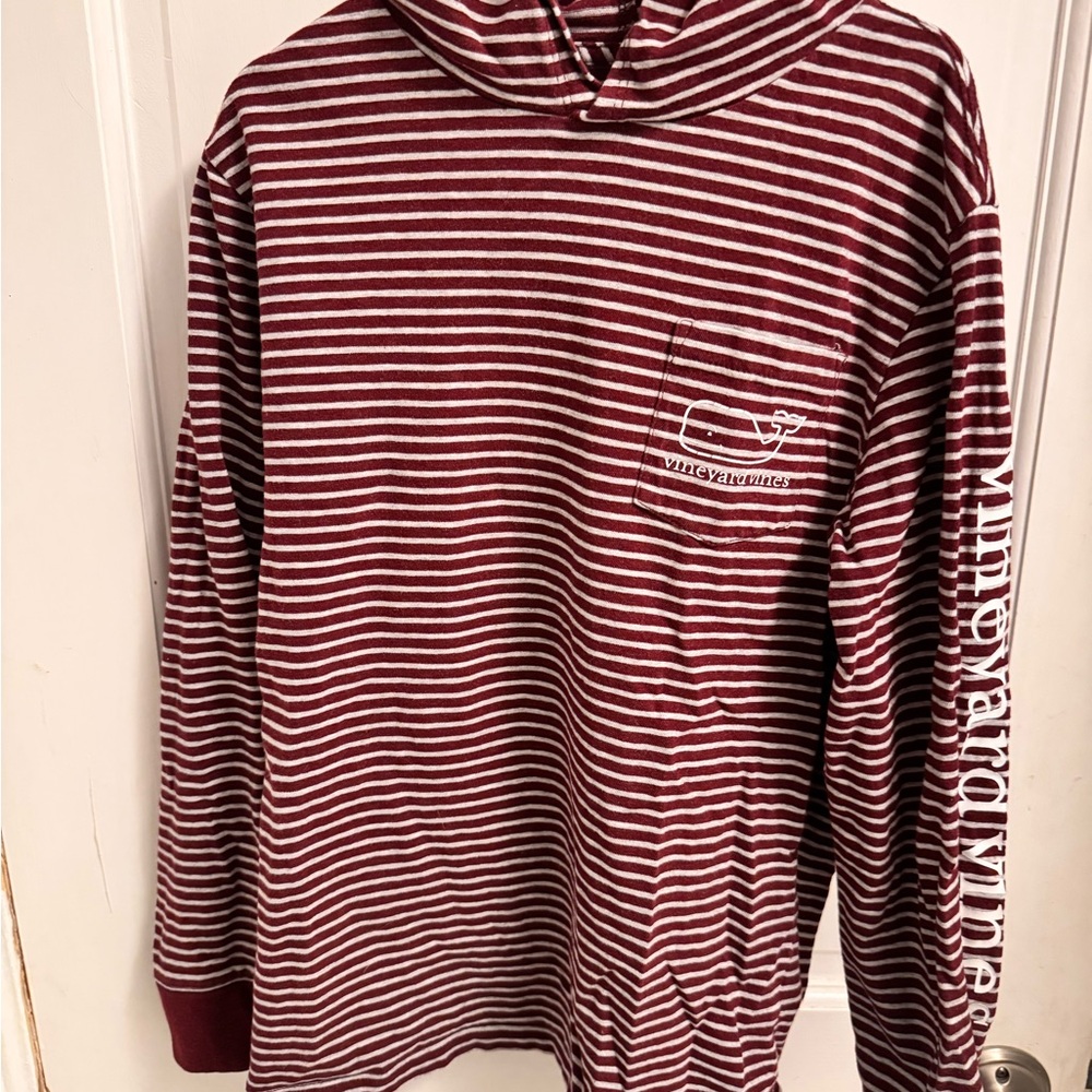 Vineyard Vines Maroon and White Striped Hooded T-Shirt